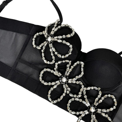 Rhinestone Floral Mesh Corset Top Padded Bustier Semi-Sheer Crop Top