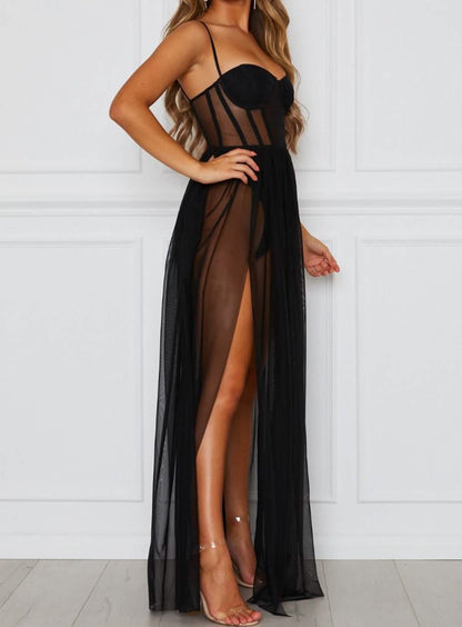 Sexy black lace embroidery lingerie see-through hollow sexy outfit slit long skirt