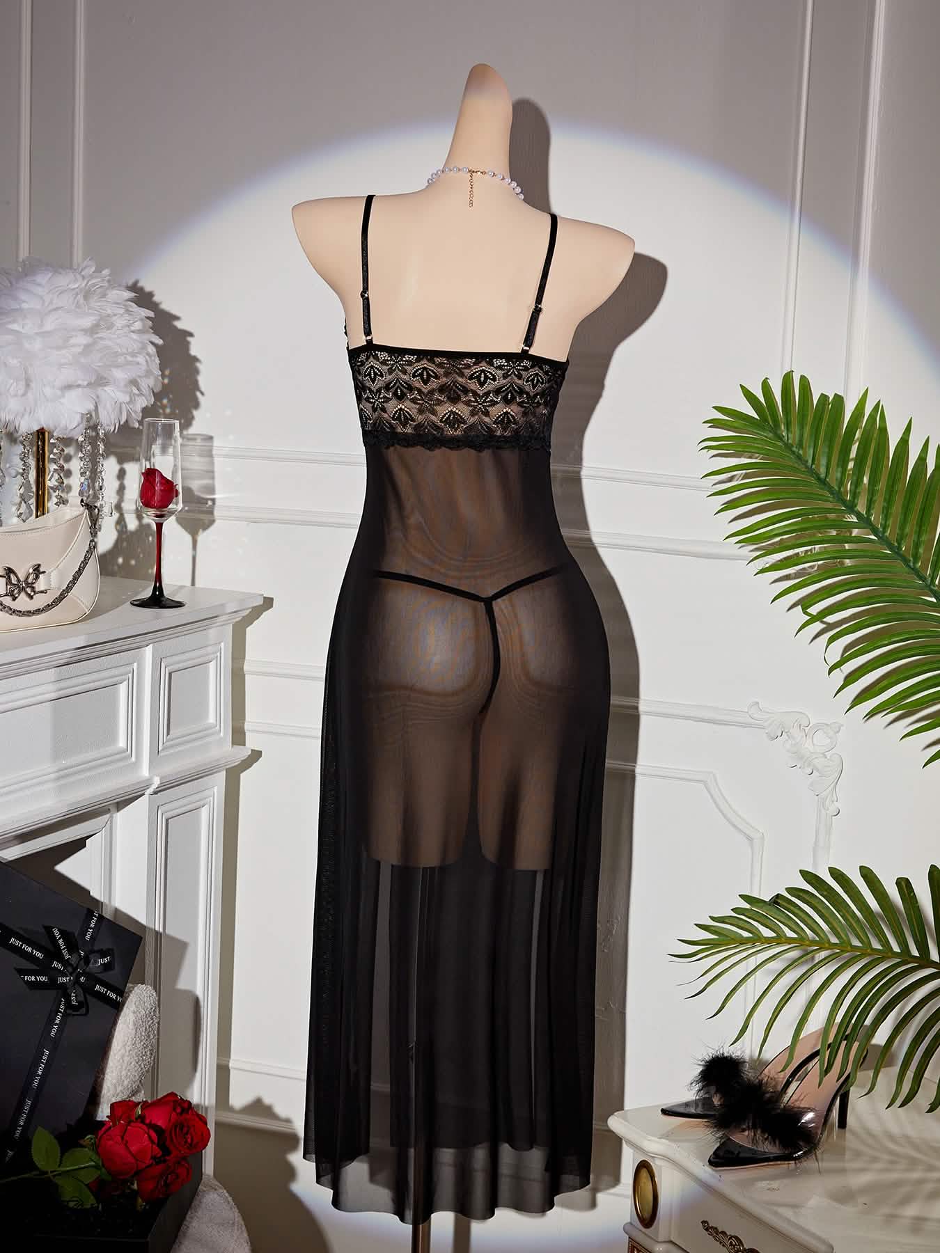 Black Lace Floral Print Negligees