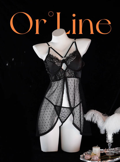 Black Polka Dot Mesh Gauze Top Panty Set