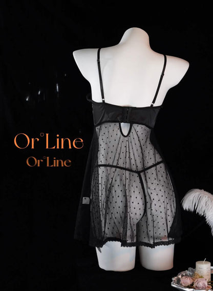 Black Polka Dot Mesh Gauze Top Panty Set