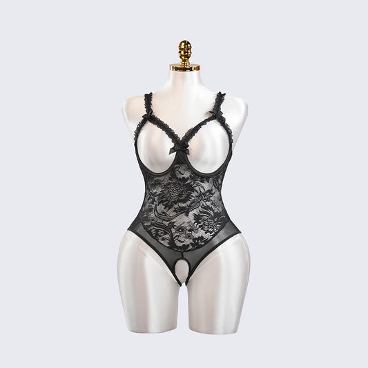 Black Floral Lace Embroidered Open Crotch Bodysuit