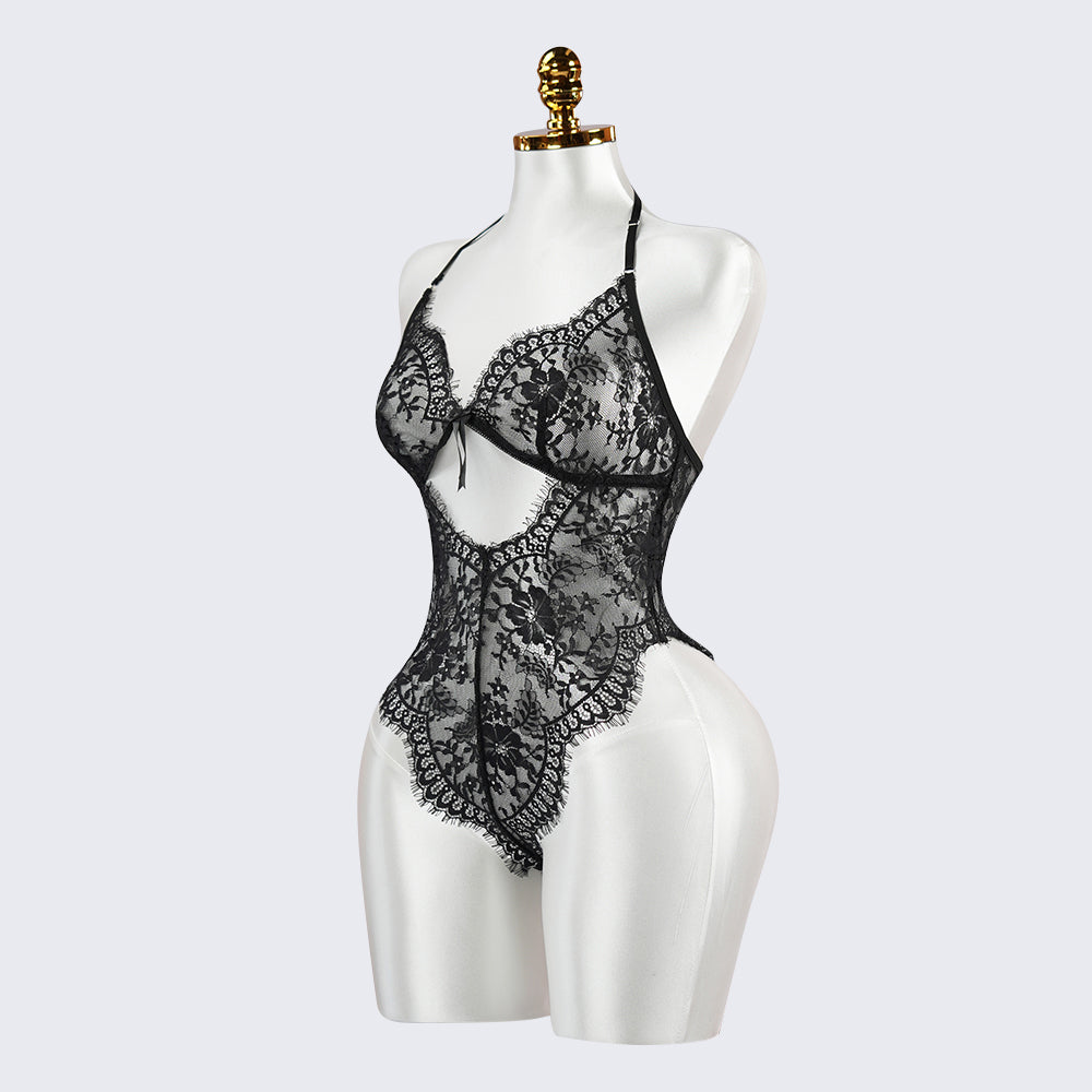 Black Floral Lace Embroidery See-through Bodysuit