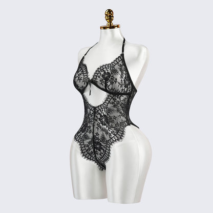 Black Floral Lace Embroidery See-through Bodysuit