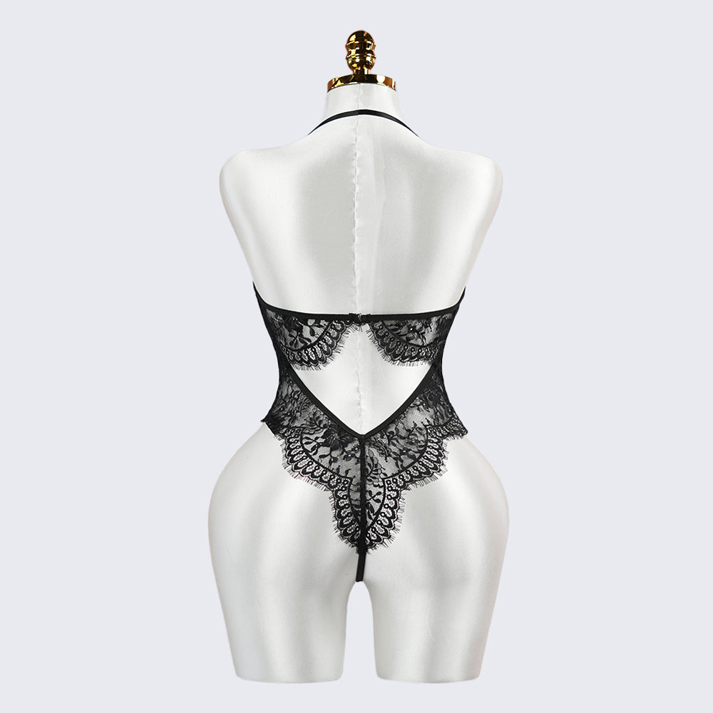 Black Floral Lace Embroidery See-through Bodysuit