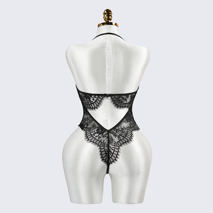 Black Floral Lace Embroidery See-through Bodysuit