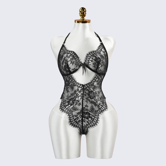 Black Floral Lace Embroidery See-through Bodysuit