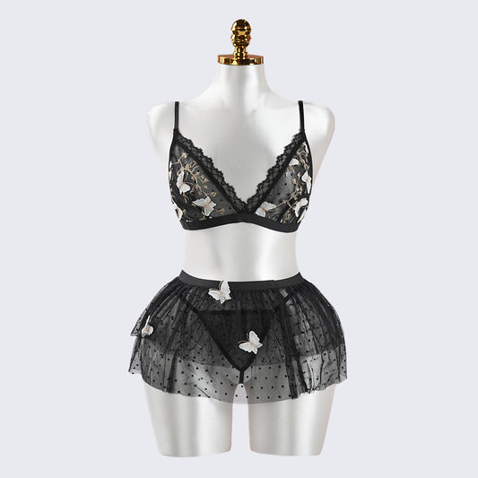 Black Lace Butterfly Embroidery Bra & Panty Set