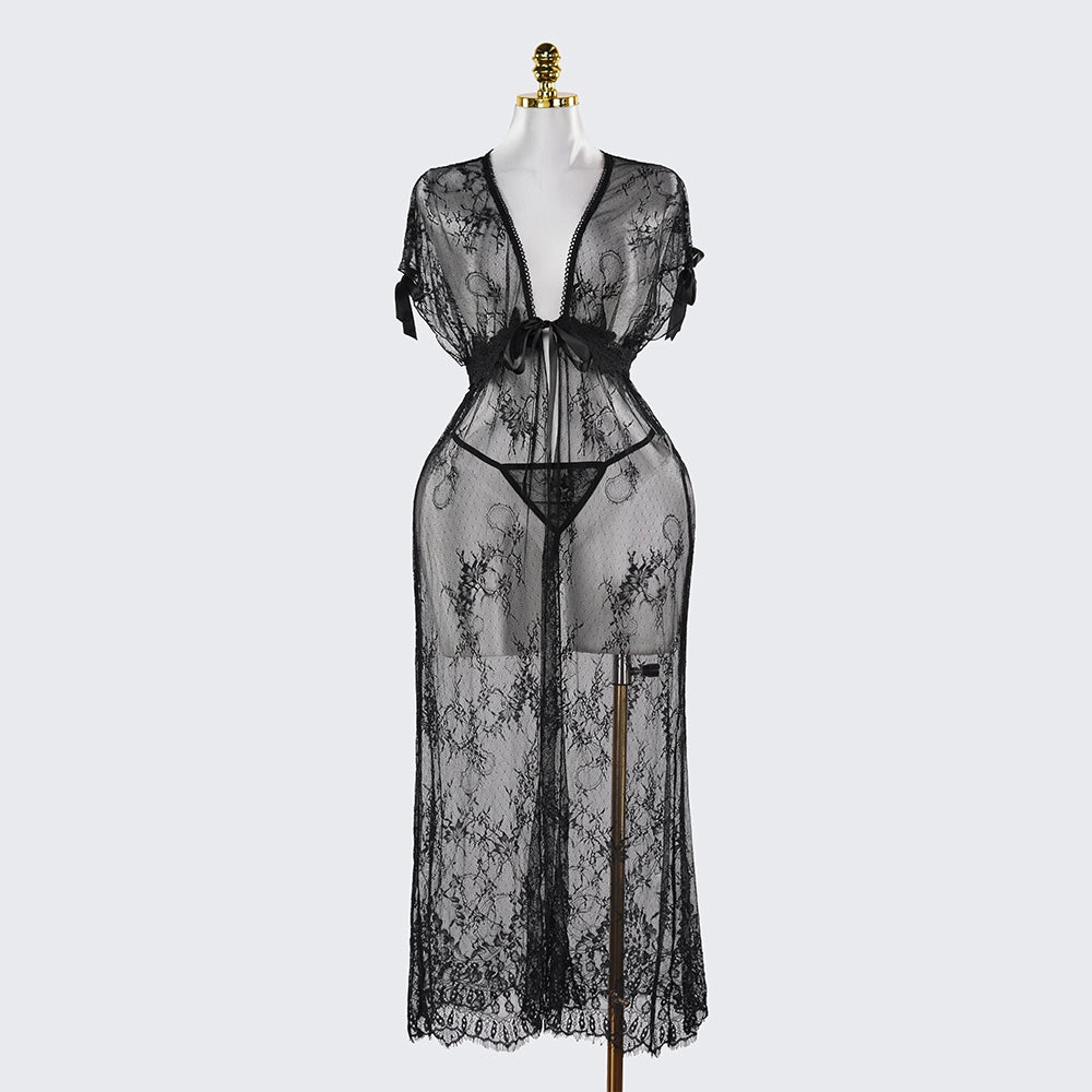 Black Lace Embroidery High Slit See-Through Seduction Negligee Panty Set