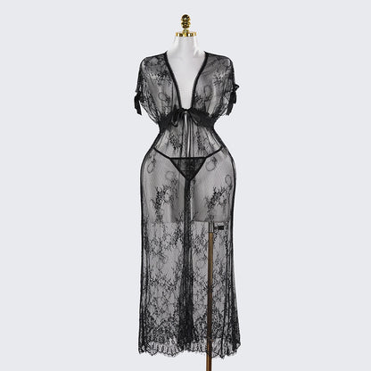 Black Lace Embroidery High Slit See-Through Seduction Negligee Panty Set
