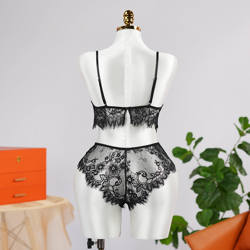 Sexy Black Lace Embroidery Lingerie See-Through Sexy Bra Panties Set