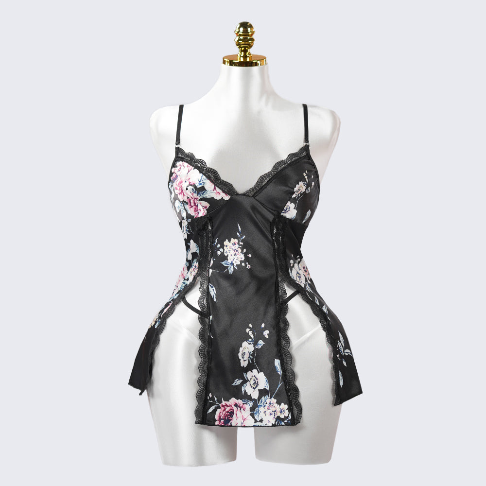 Black Lace Embroidery Seduction High Slit Suspender Panty Set