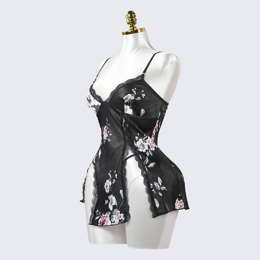 Black Lace Embroidery Seduction High Slit Suspender Panty Set