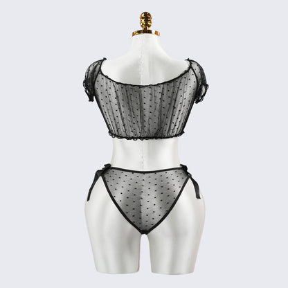 Black Polka Dot See-Through Hollow Bra Panty Set