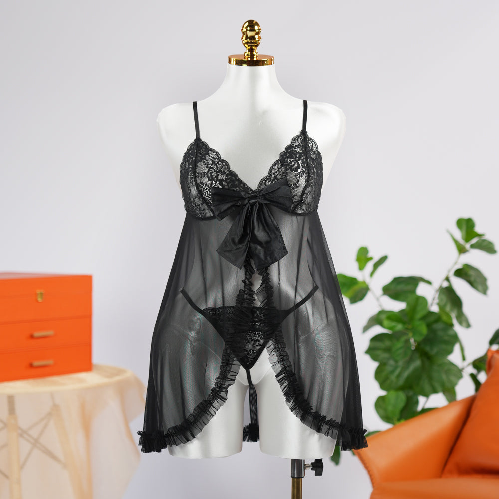 Black Lace Embroidery See-through Hollow Babydolls Lingerie
