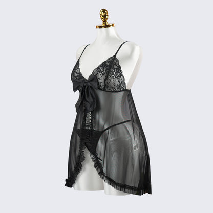 Black Lace Embroidery See-through Hollow Babydolls Lingerie