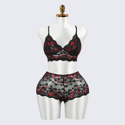 Black Lace Embroidery Sexy Bra Panty Set