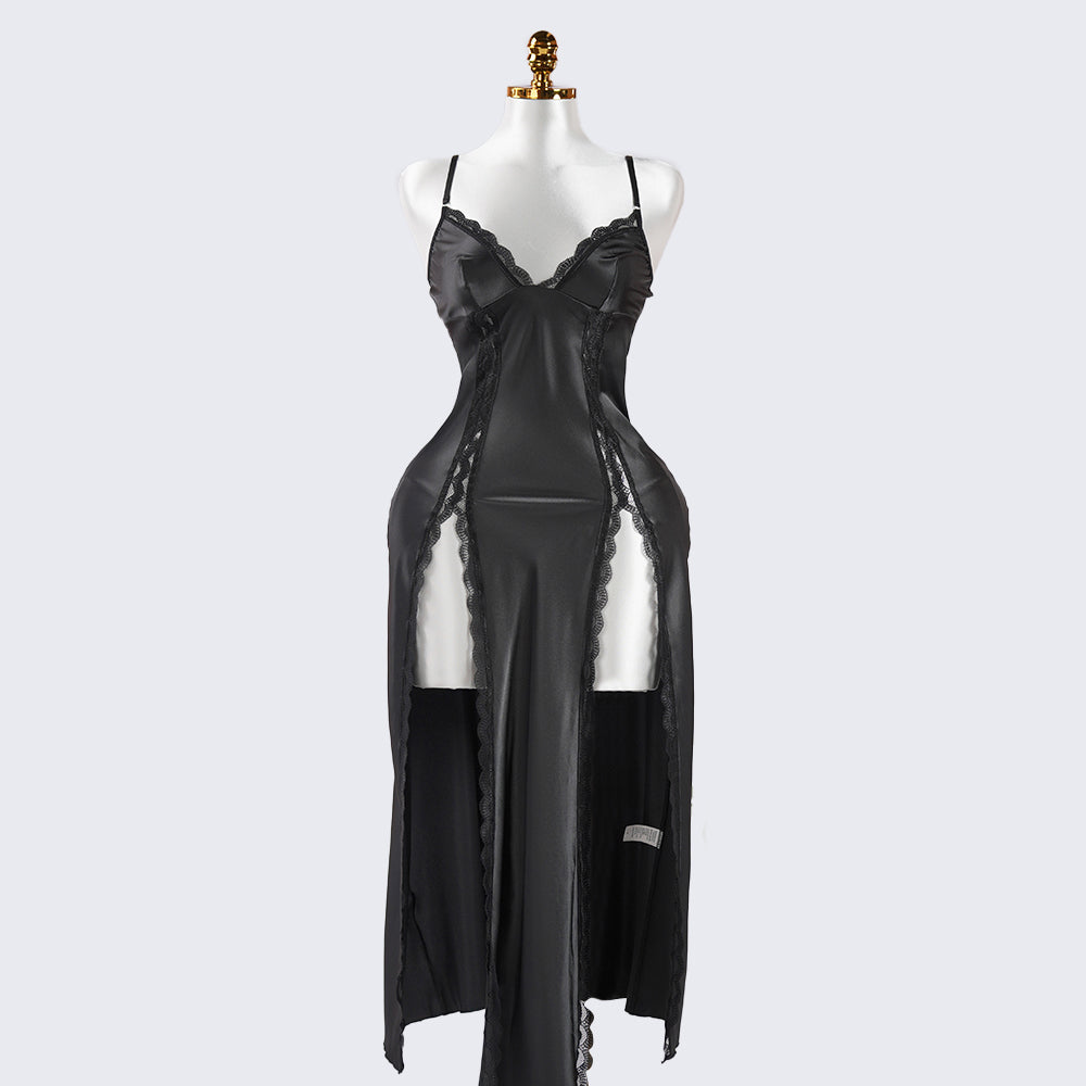 Black Lace Paneled Spaghetti Strap Nightgown
