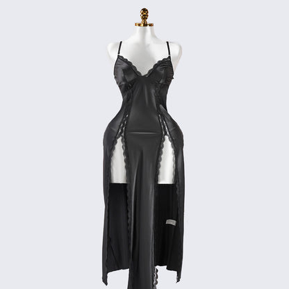 Black Lace Paneled Spaghetti Strap Nightgown
