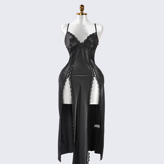Black Lace Paneled Spaghetti Strap Nightgown