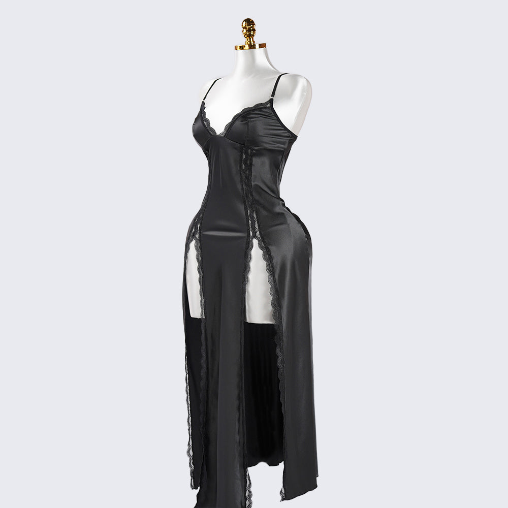 Black Lace Paneled Spaghetti Strap Nightgown