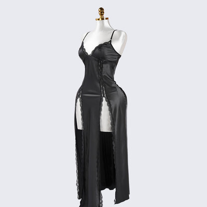 Black Lace Paneled Spaghetti Strap Nightgown