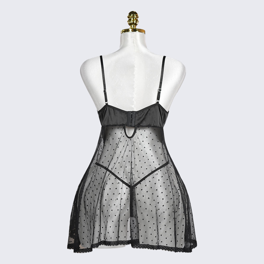 Black Polka Dot Mesh Gauze Top Panty Set