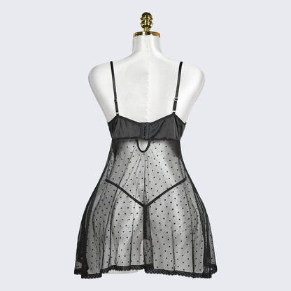 Black Polka Dot Mesh Gauze Top Panty Set