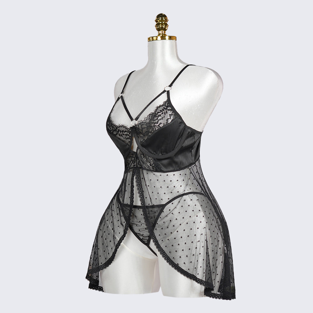 Black Polka Dot Mesh Gauze Top Panty Set