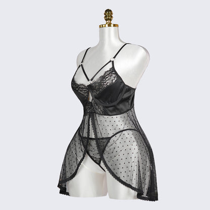 Black Polka Dot Mesh Gauze Top Panty Set