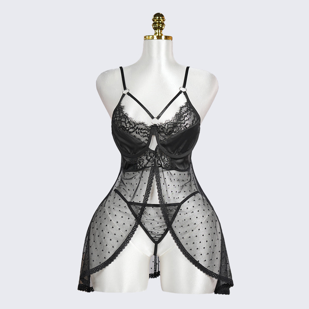 Black Polka Dot Mesh Gauze Top Panty Set