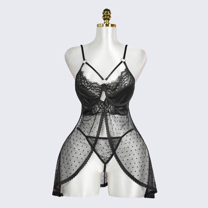 Black Polka Dot Mesh Gauze Top Panty Set