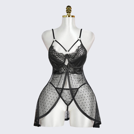 Black Polka Dot Mesh Gauze Top Panty Set