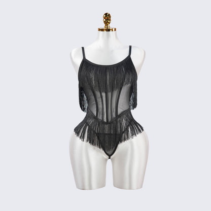 Black Sheer Fringe Corset Panty Set
