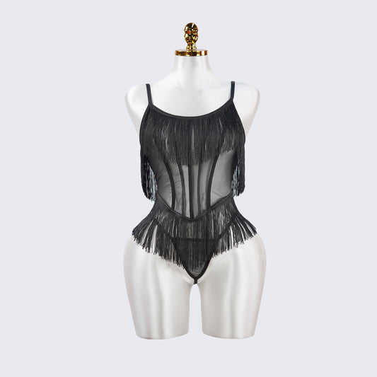 Black Sheer Fringe Corset Panty Set