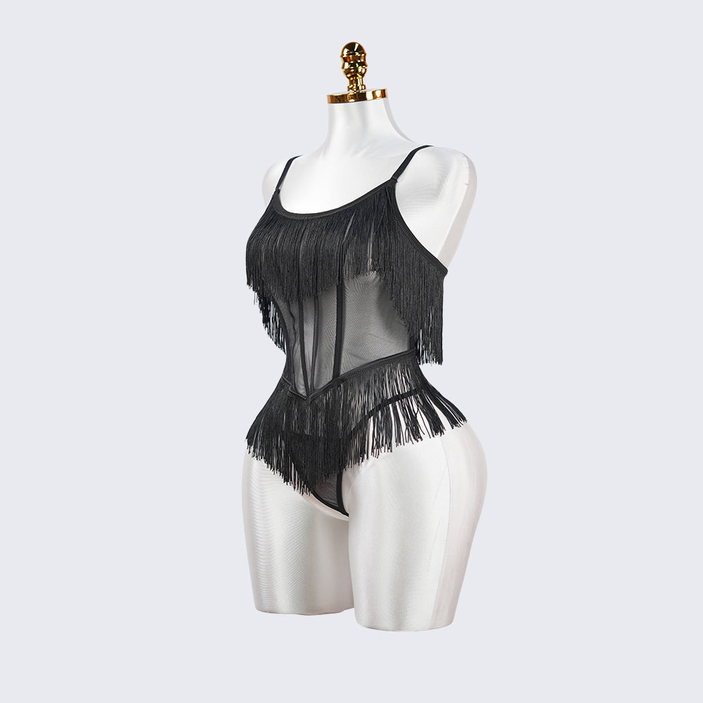 Black Sheer Fringe Corset Panty Set