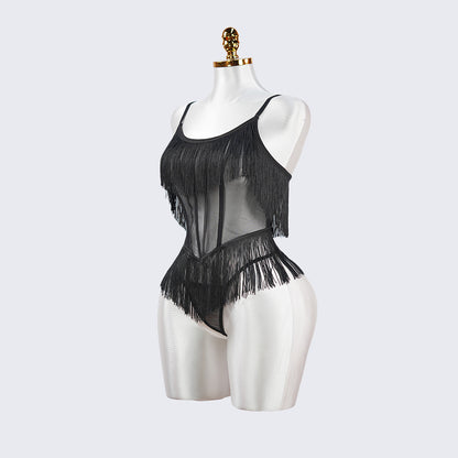 Black Sheer Fringe Corset Panty Set