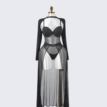 Black Sheer Mesh Bodysuit Dress Set