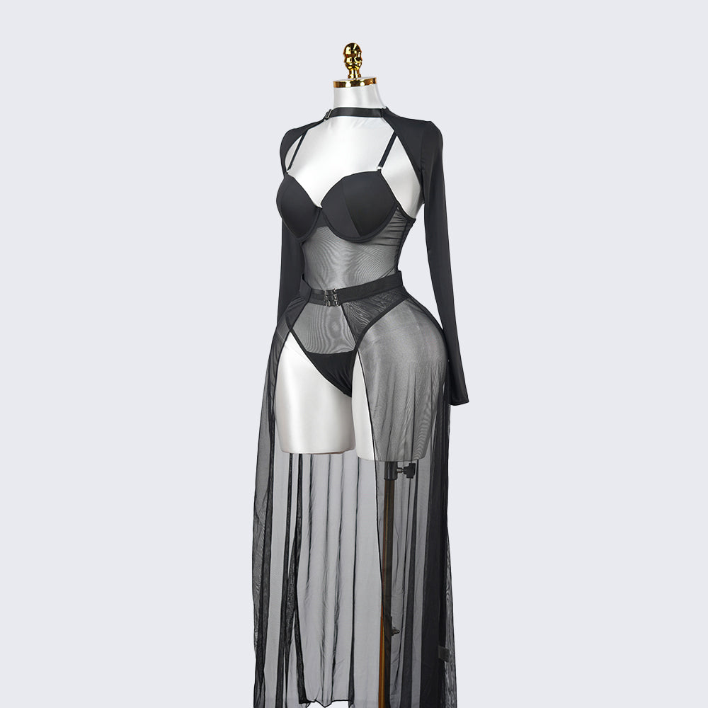 Black Sheer Mesh Bodysuit Dress Set