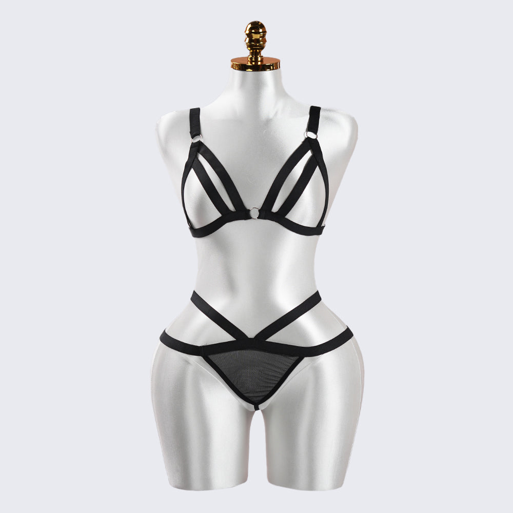 Black Strapping Cut-out Bra Panty Set