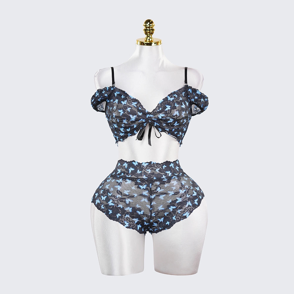 Blue Butterfly Print Sheer Black Mesh Bra Panty Set