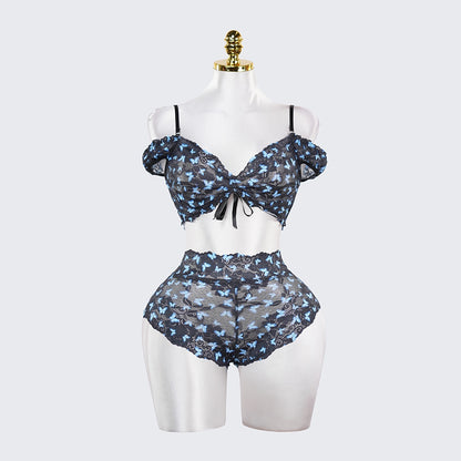Blue Butterfly Print Sheer Black Mesh Bra Panty Set