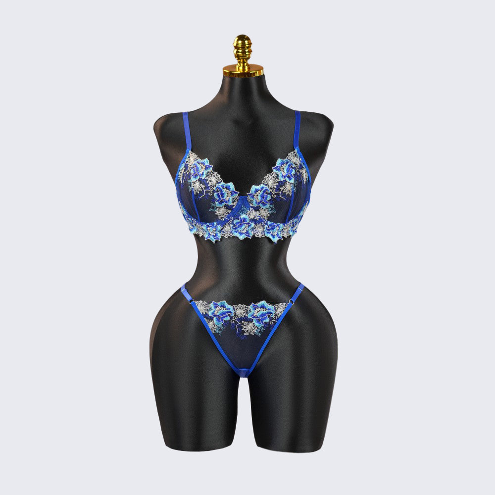 Blue Floral Lace Embroidered See-through Bra