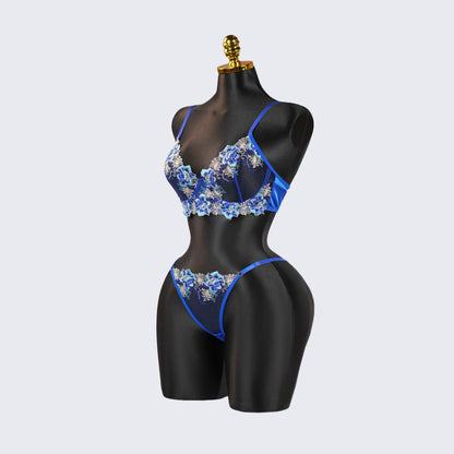 Blue Floral Lace Embroidered See-through Bra