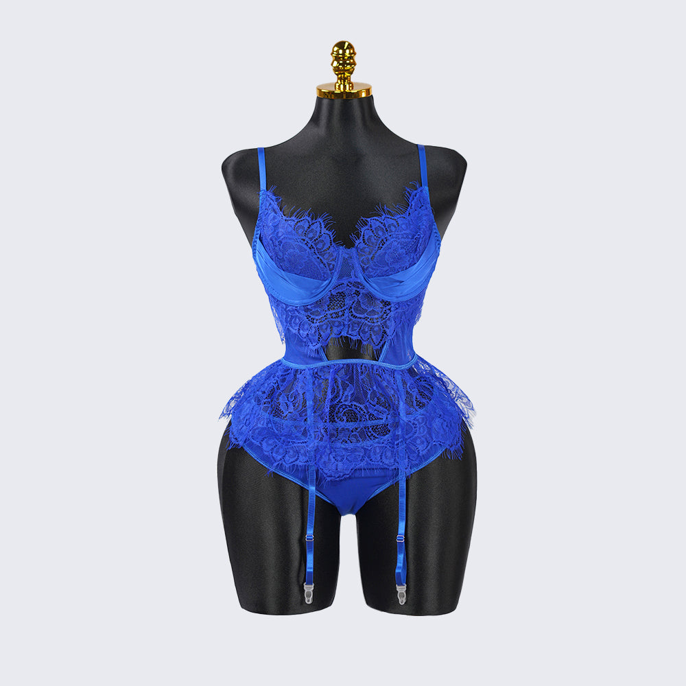 Blue Lace Floral Embroidered Bodysuit