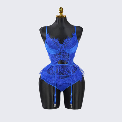 Blue Lace Floral Embroidered Bodysuit