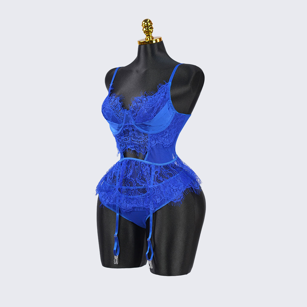 Blue Lace Floral Embroidered Bodysuit