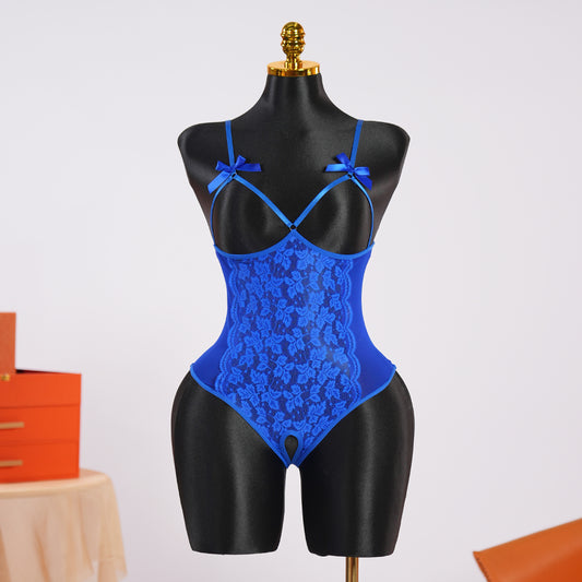 Blue Lace Open Crotch Design Bodysuit