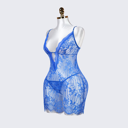 Blue Whispers Lace Lingerie Dress Panty Set