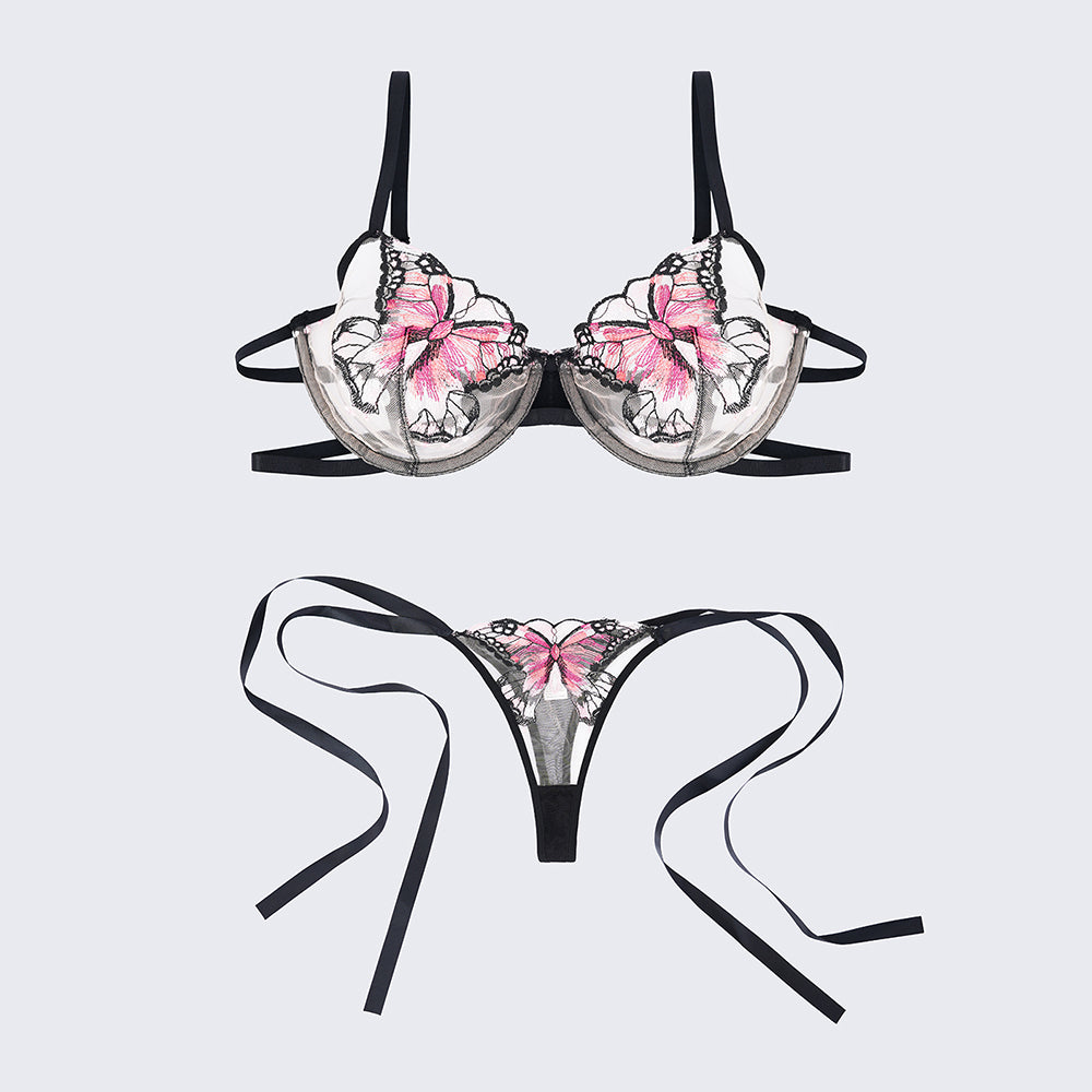 Butterfly Sheer Embroidered Mesh Bra Panty Set